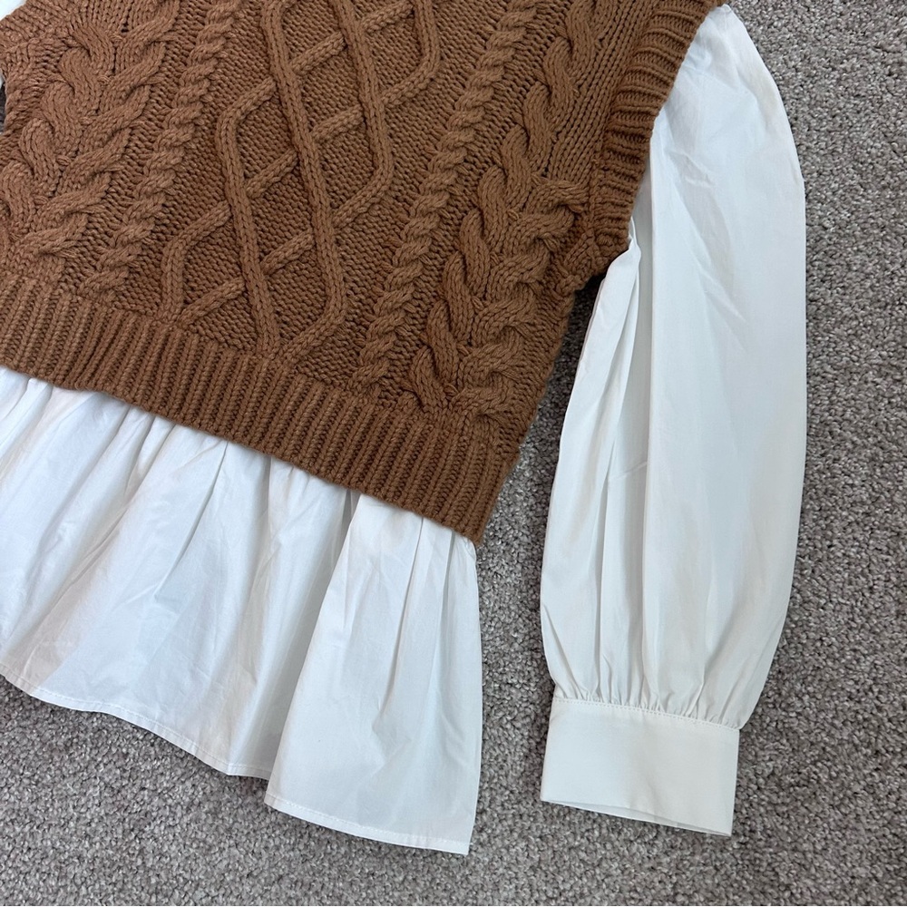 Elan Cable Knit Mixed Media Sweater Vest Top Brown White NWT Small - Picture 5 of 11